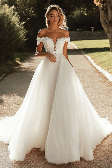 Glitter A Line Off Shoulder Tulle Robe de mariée ivoire avec appliques